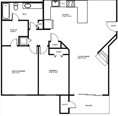 Floor plan for 2 beds, 1 bath, 996 sqft